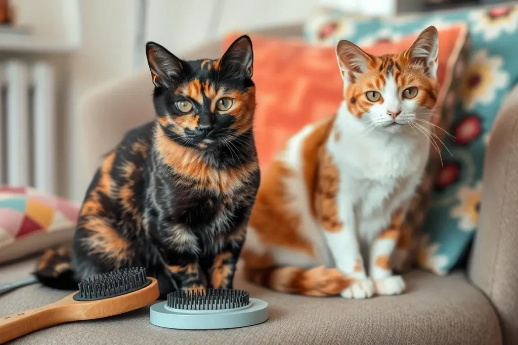 grooming tortoiseshell and calico cat