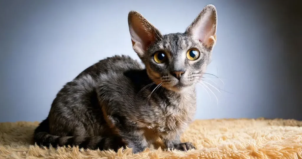 A Devon Rex gray cat with big, expressive eyes